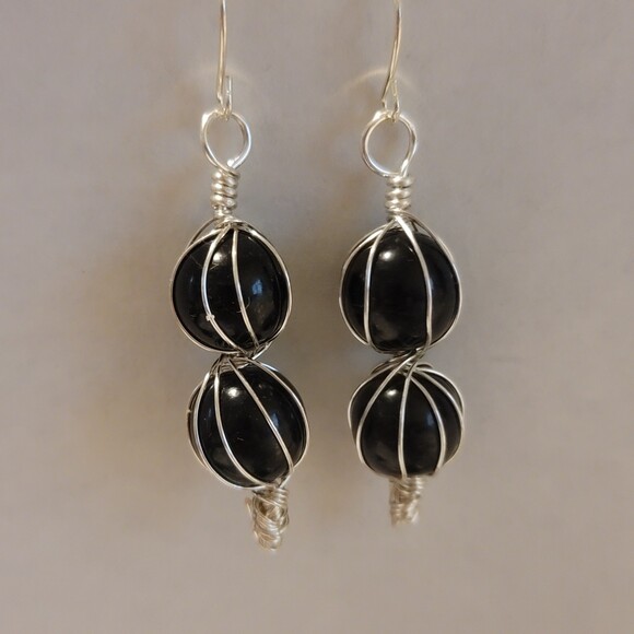 Black Glass Bead Wire Wrapped Earrings - Picture 1 of 1